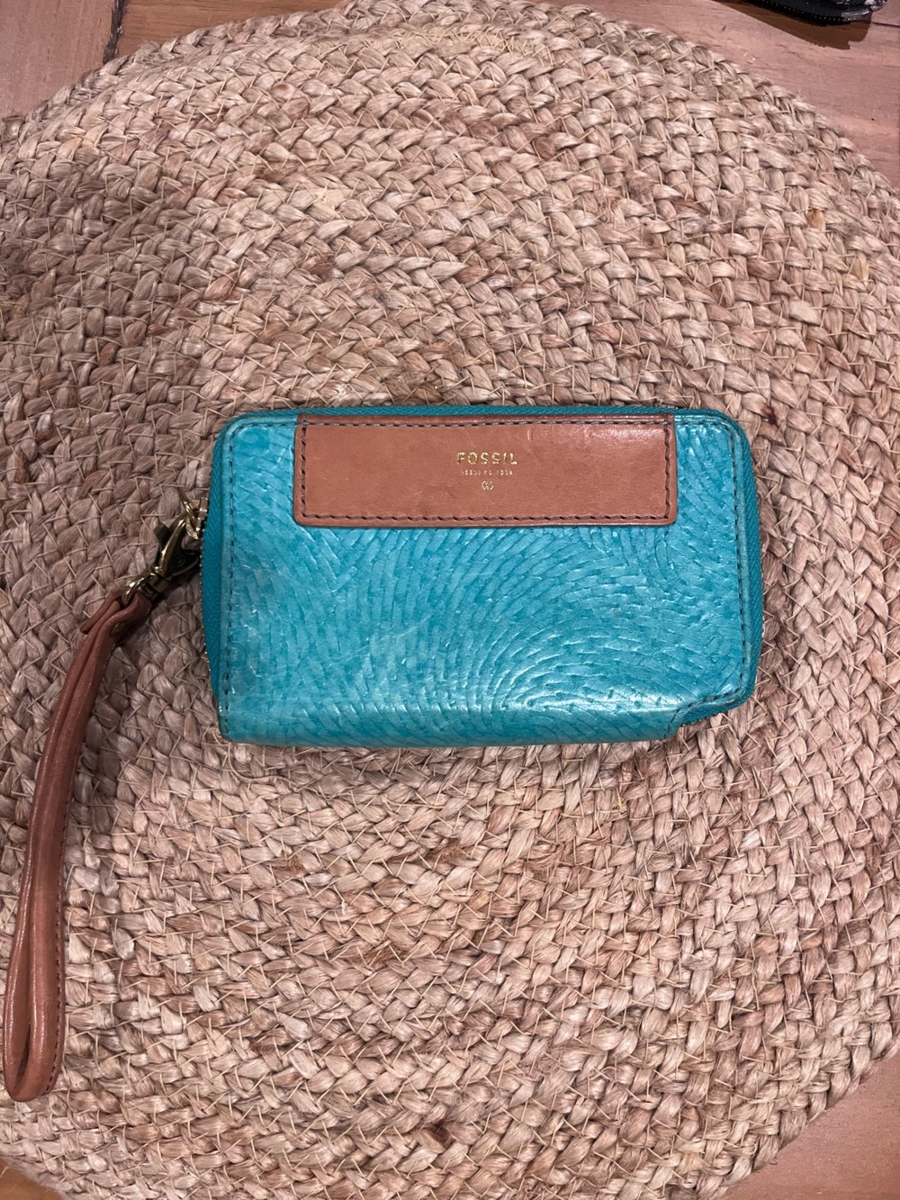 Fossil Turquoise Leather Wristlet Wallet Phone Case with Brown Accent